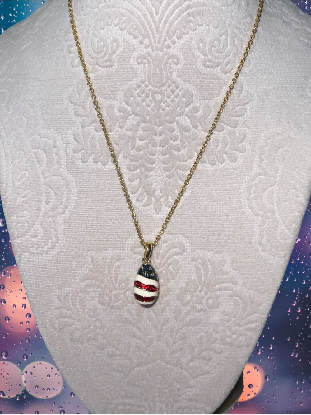 Vtg Joan Rivers Red White Blue American Flag Egg Pendant Necklace 16”